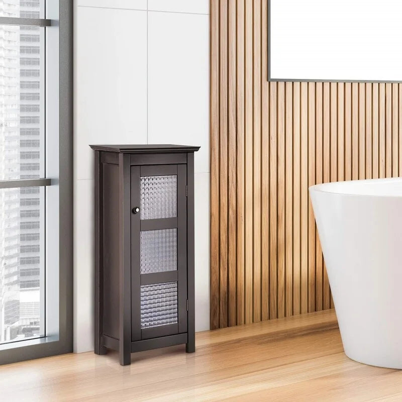 Home Wooden Bathroom Cabinet Floor & Glass Door Brown - 13D x 13.5W x 30.5H