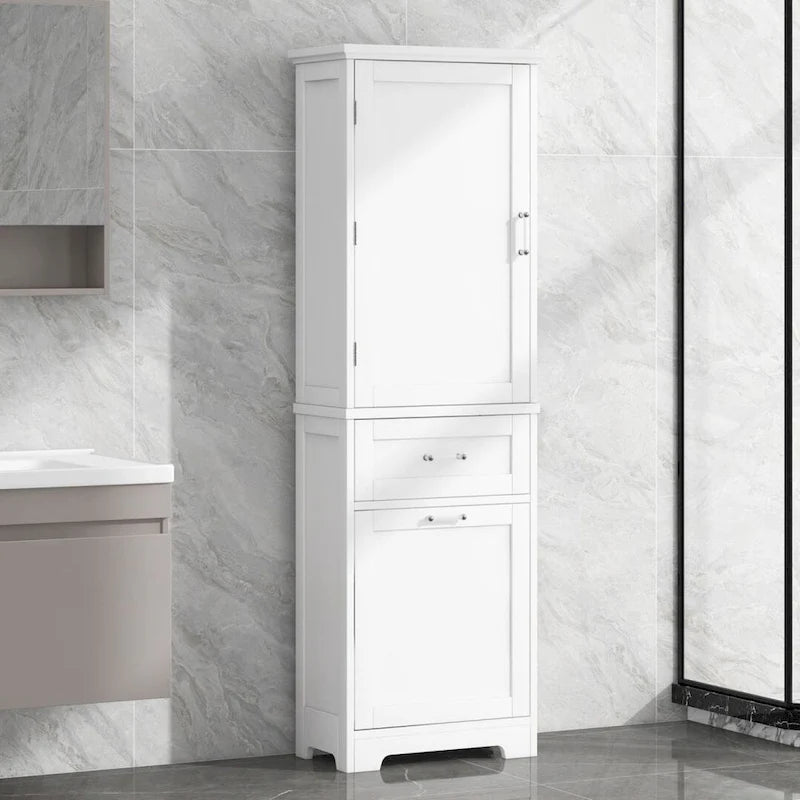 Meuble de Rangement Haut pour Salle de Bain avec Deux Tiroirs de Tailles Différentes et Étagère Réglable Meuble de Rangement Autoportant