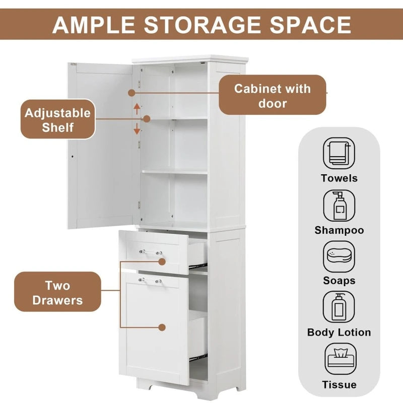 Meuble de Rangement Haut pour Salle de Bain avec Deux Tiroirs de Tailles Différentes et Étagère Réglable Meuble de Rangement Autoportant