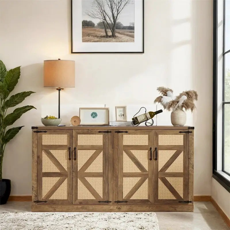 65-Inch Rustic Faux Rattan Sideboard,Barn Door Rustic Style Sideboard