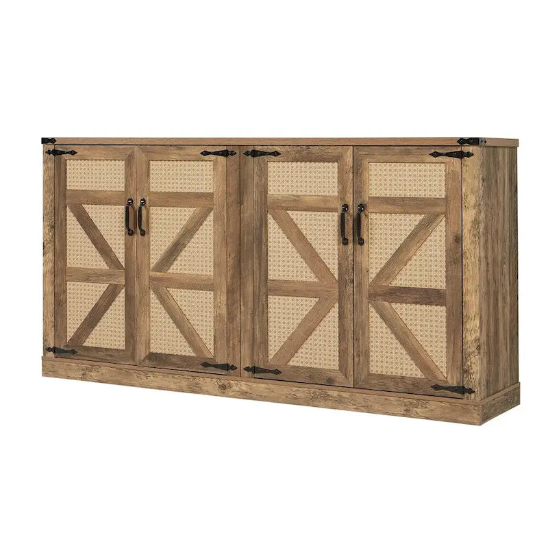 65-Inch Rustic Faux Rattan Sideboard,Barn Door Rustic Style Sideboard