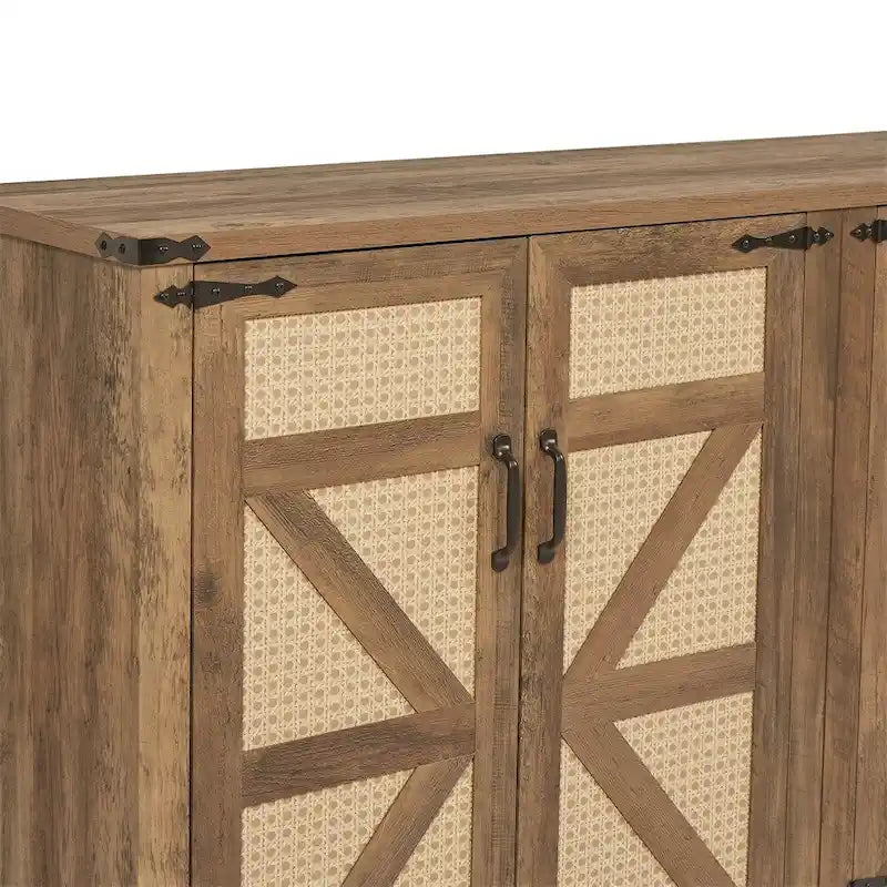 65-Inch Rustic Faux Rattan Sideboard,Barn Door Rustic Style Sideboard