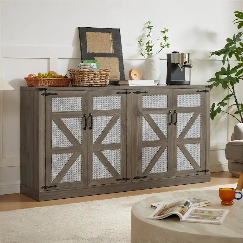 65-Inch Rustic Faux Rattan Sideboard,Barn Door Rustic Style Sideboard